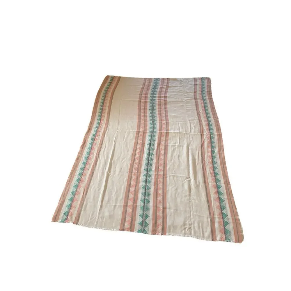 Tablecloth Napkin Set 84”x57” Aztec Striped Peach Aqua Mid Century Fringe